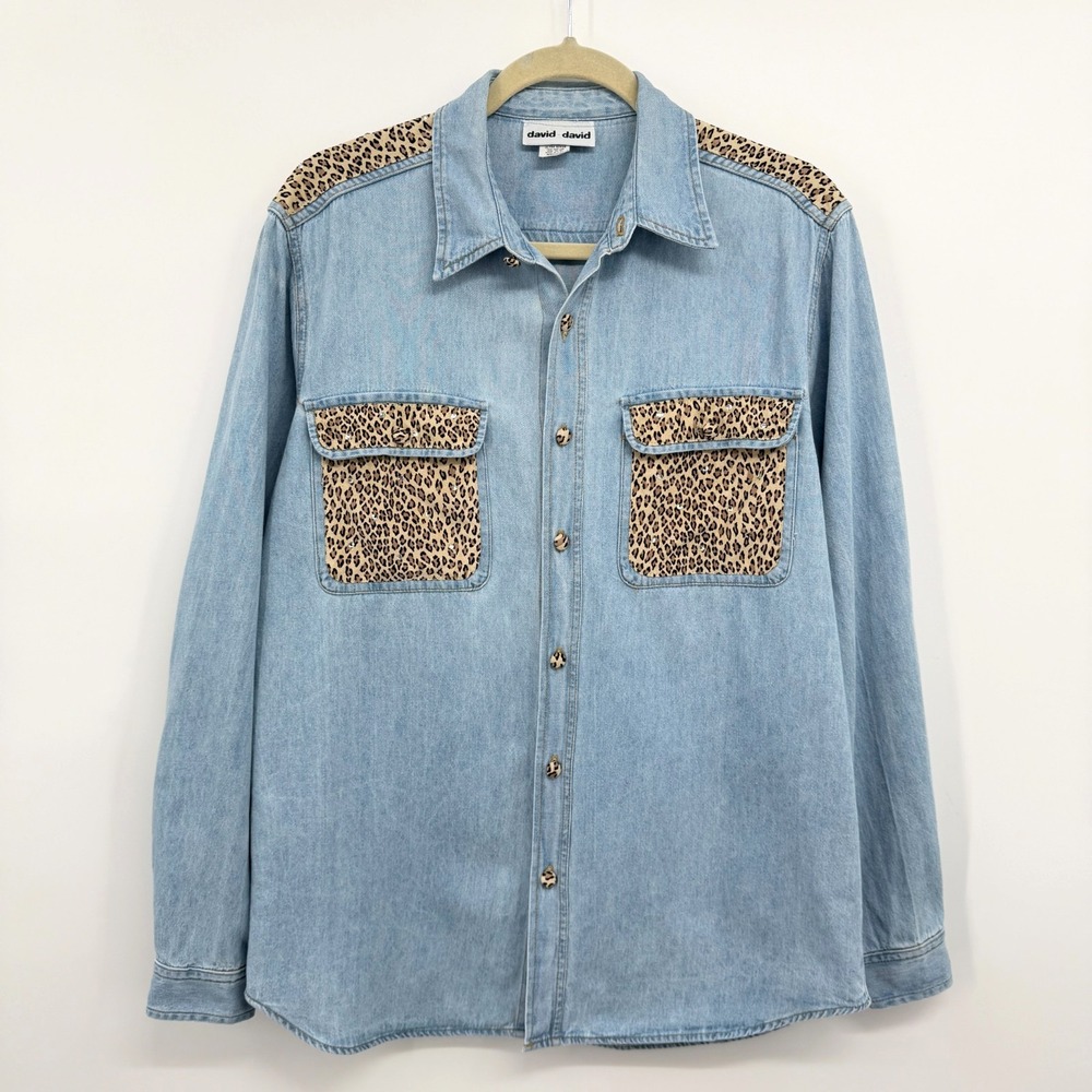 Vintage Denim Top Shirt Womens Medium Leopard Mob Wife Coastal Cowgirl Western